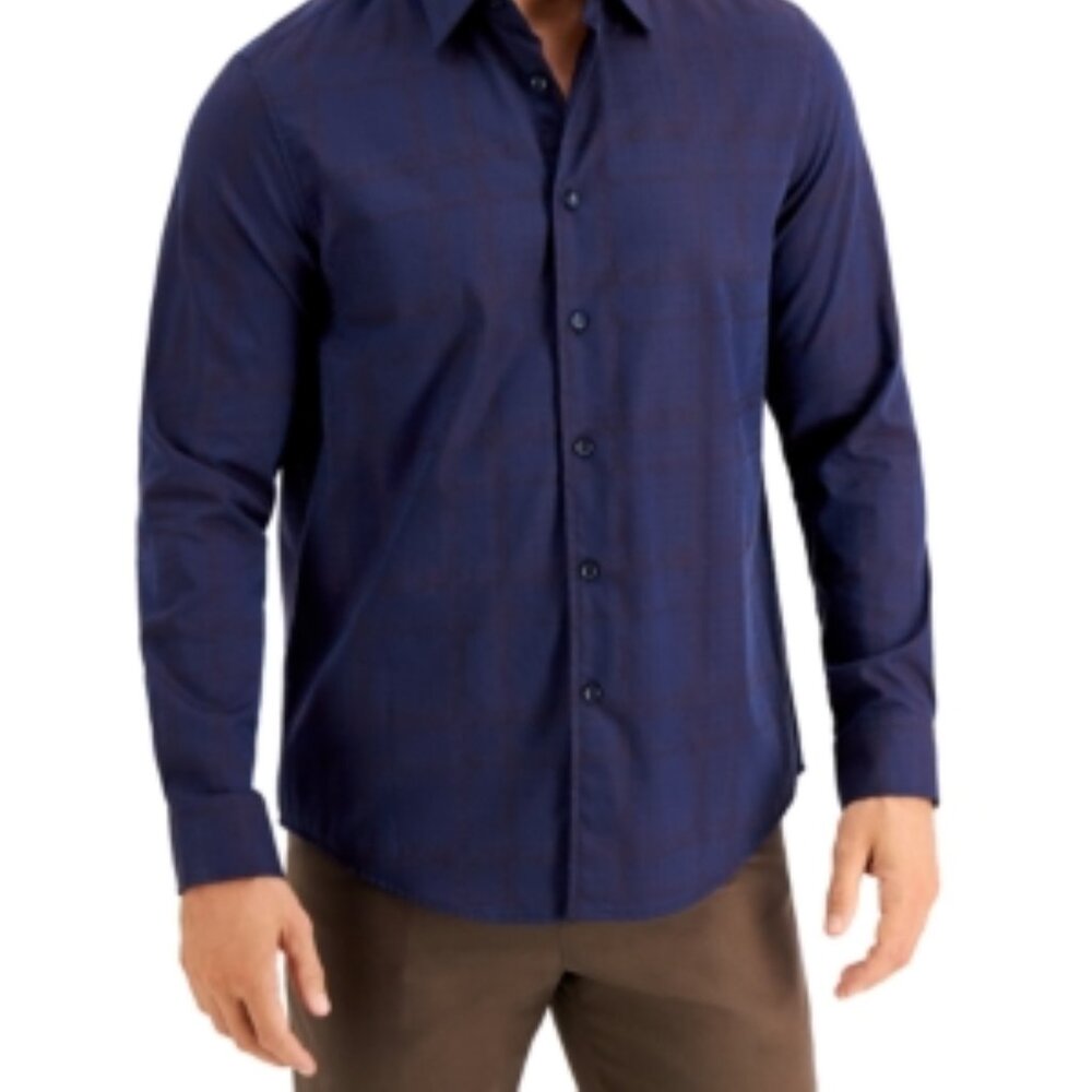 Tasso Elba Mens Navy Plaid Point Collar Dress Shirt M -  New With Tags